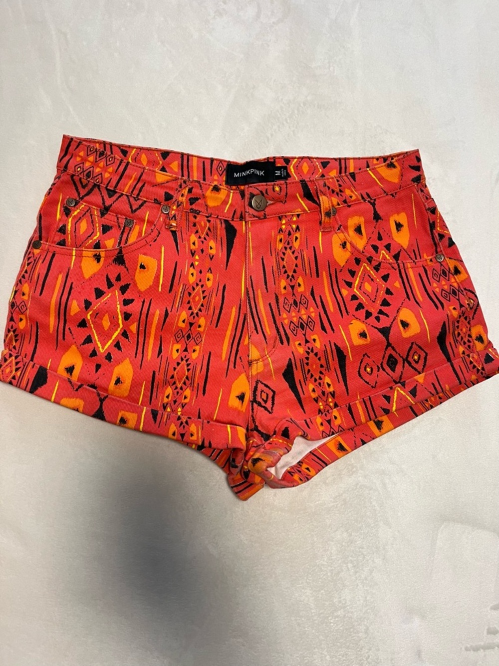 MINKPINK Red and Orange Tribal Print Denim Shorts